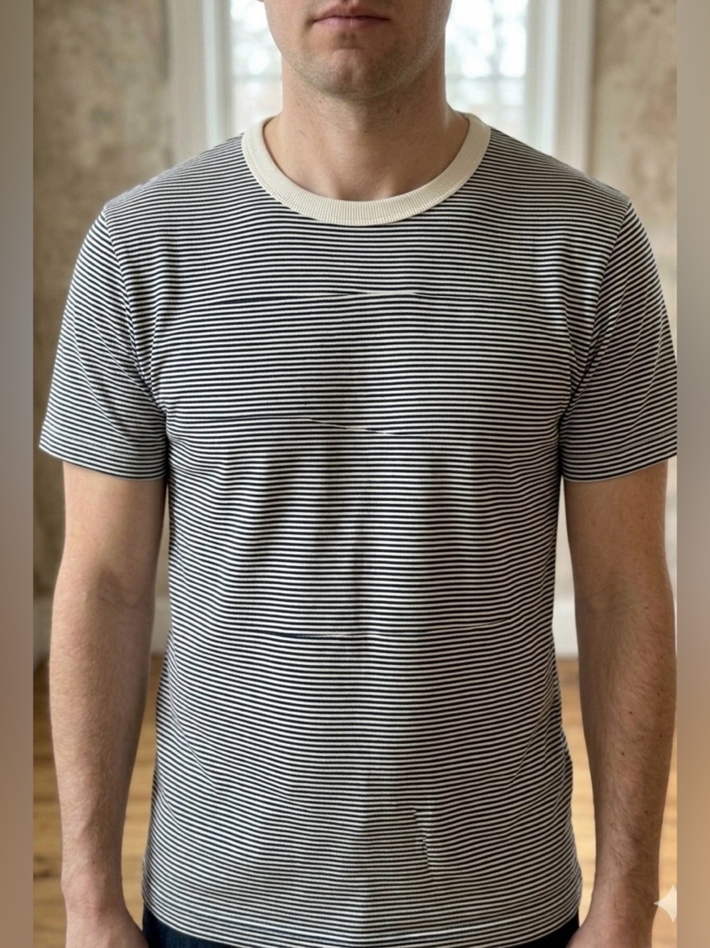 NWOT Crew Neck T-Shirt in Cream With Navy Stripes. Size Men’s Small